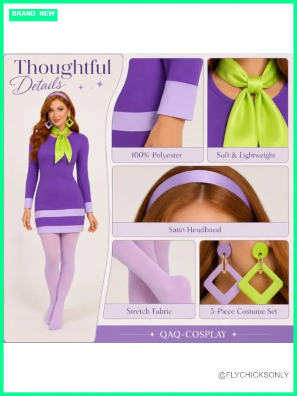 Adult Halloween Costume Set Purple Dress Scarf Headband Tights Earrings